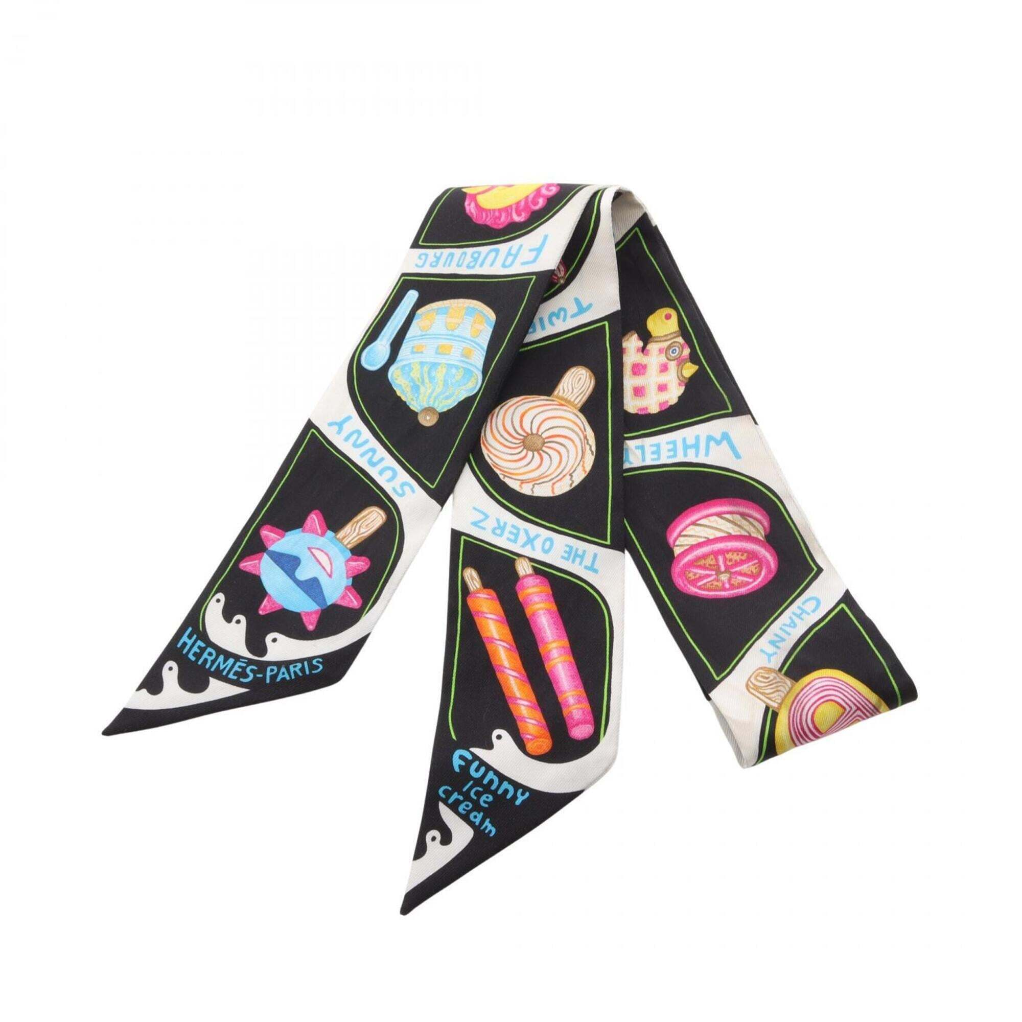 Hermes Twilly Funny Ice Cream Ribbon Scarf Muffler Silk Women's Black Multicolor